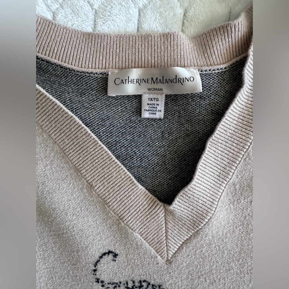 Catherine Malandrino Brown V Neck Sweater with Black Leopard Print Sz 1X - Picture 2 of 3